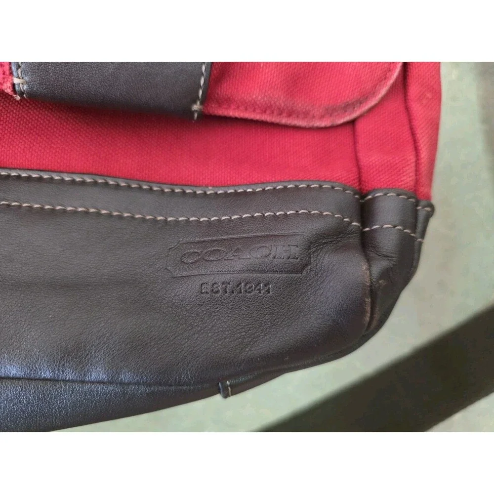 Coach Mens Red And Brown Messenger Bag Leather Trim Crossbody Laptop Travel Bag
